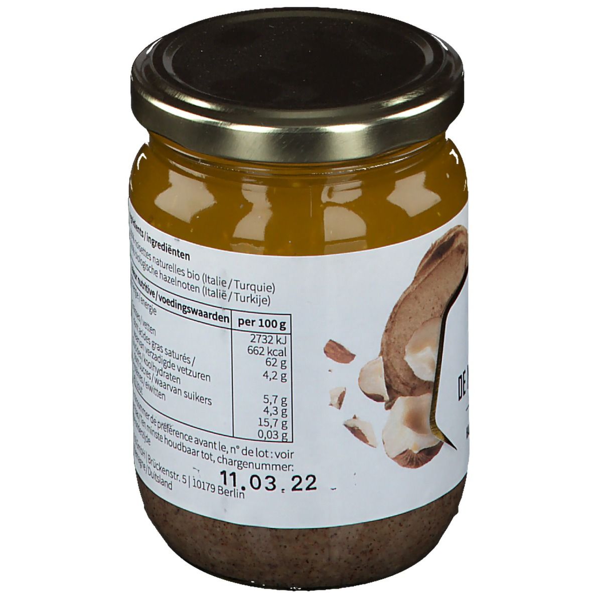 Pot de purée de noisettes. Dos avec informations nutritionnelles et date de péremption. Label bio.
