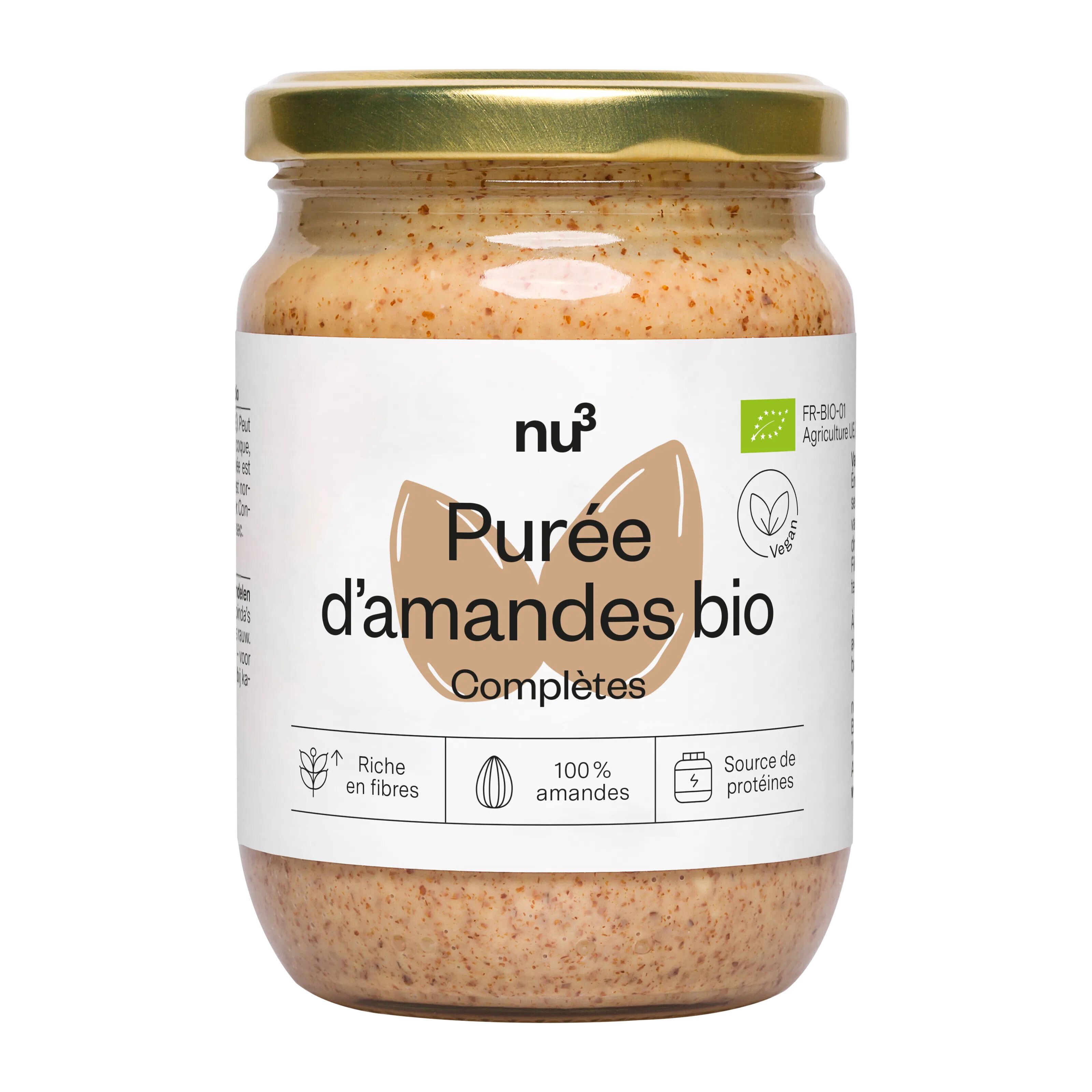 Pot de purée d'amandes bio. Marque nu3. Ingrédients : 100% amandes complètes. Labels bio et vegan.