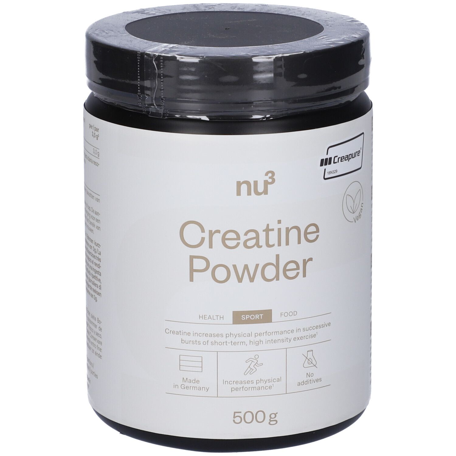 Pot de Creatine Powder nu3 noir. Inscription: Creatine Powder, 500g. Avec le sceau Creapure.