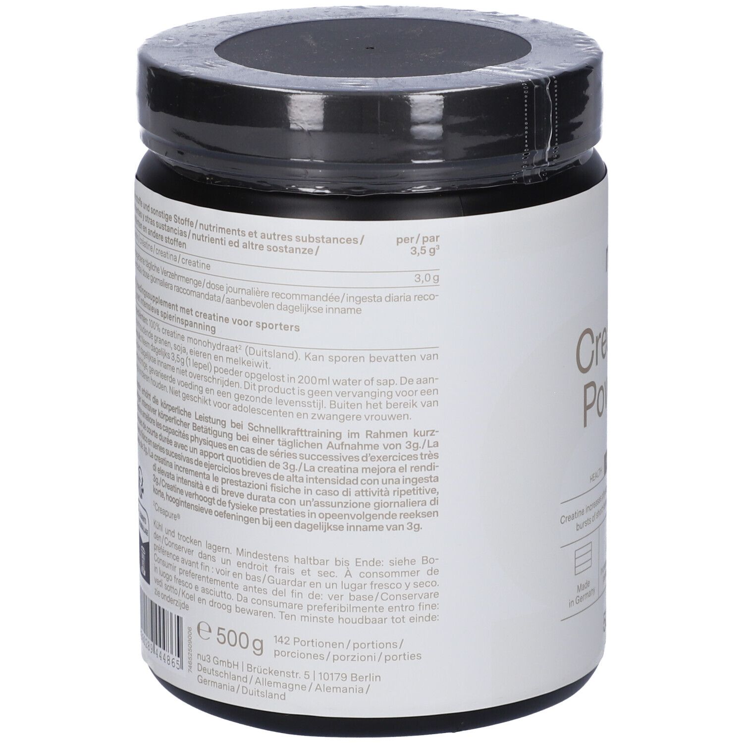 Dos du pot de Creatine Powder nu3 noir. Texte multilingue, 500g, ingrédients.