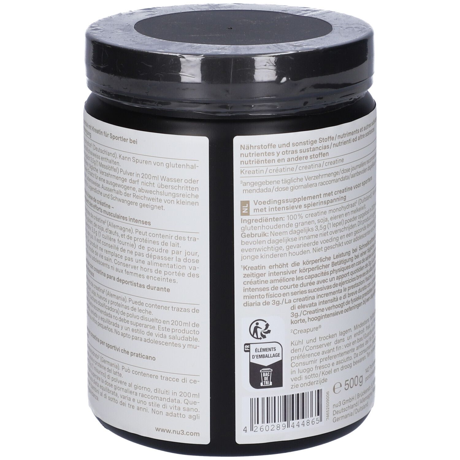 Dos du pot de Creatine Powder nu3 noir. Texte multilingue, 500g, ingrédients.