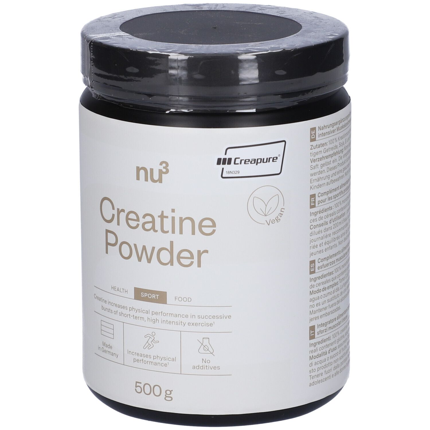 Pot de Creatine Powder nu3 noir. Inscription: Creatine Powder, 500g. Avec le sceau Creapure et le logo Vegan.