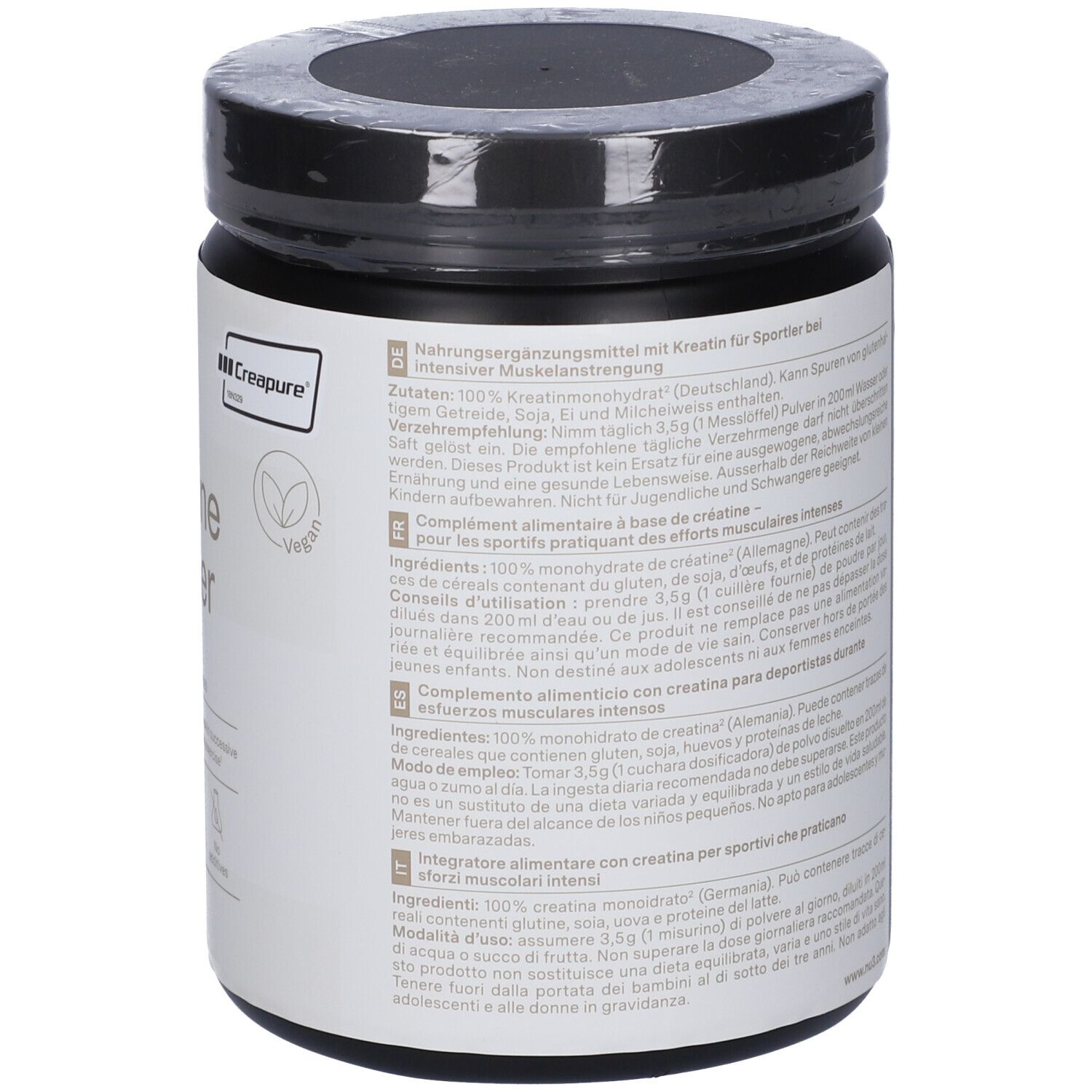 Dos du pot de Creatine Powder nu3 noir. Texte multilingue, 500g, ingrédients.