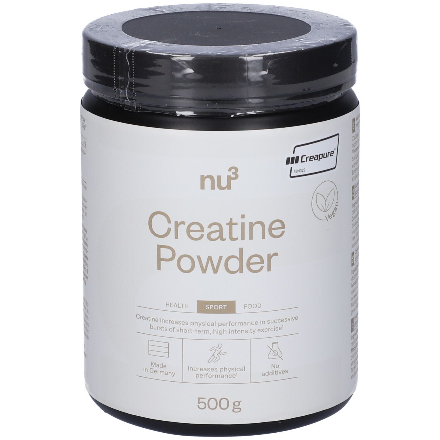 Pot de Creatine Powder nu3 noir. Inscription: Creatine Powder, 500g. Avec le sceau Creapure.