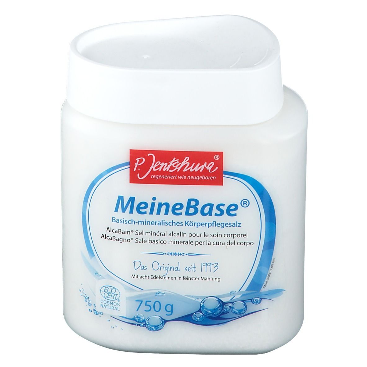 Récipient blanc avec couvercle. Inscription : MeineBase, 750g. Logo : P. Jentschura.