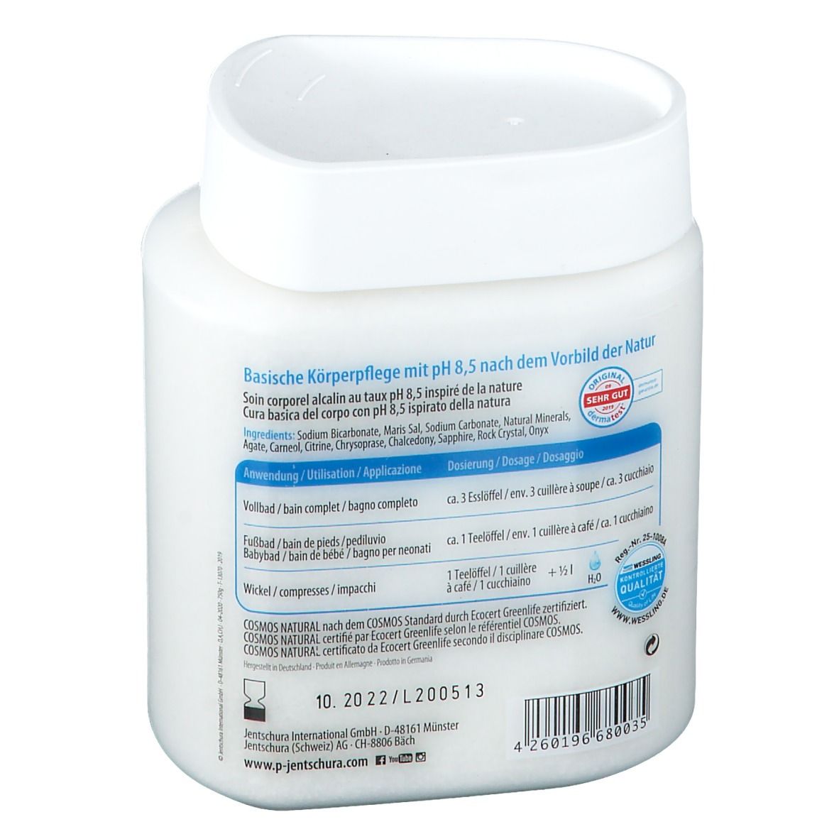 Récipient blanc avec couvercle. Dos avec texte. Contient ingrédients et instructions.