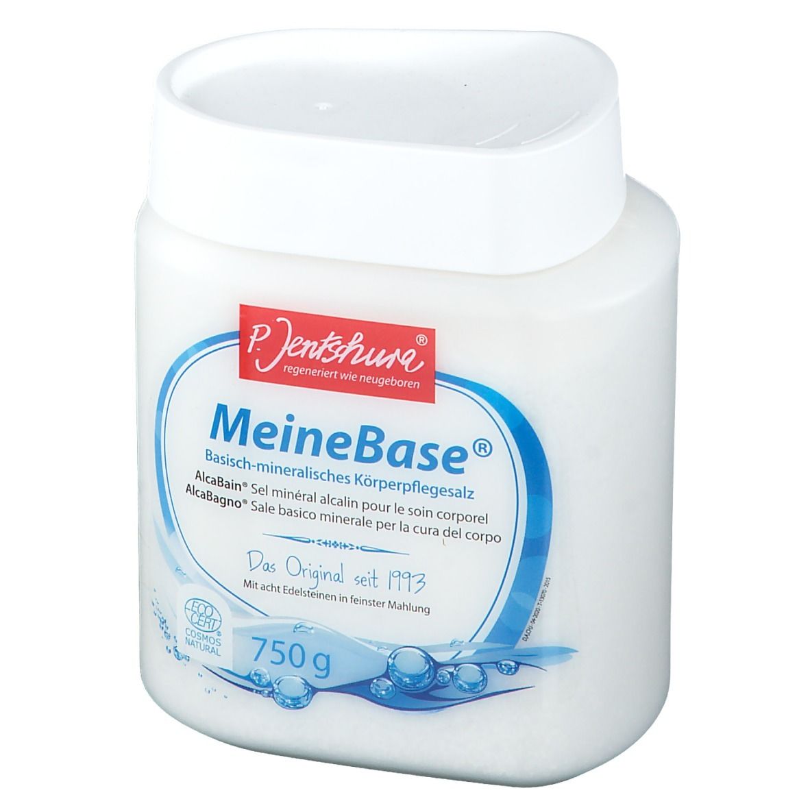 Récipient blanc avec couvercle. Inscription : MeineBase, 750g. Logo : P. Jentschura.