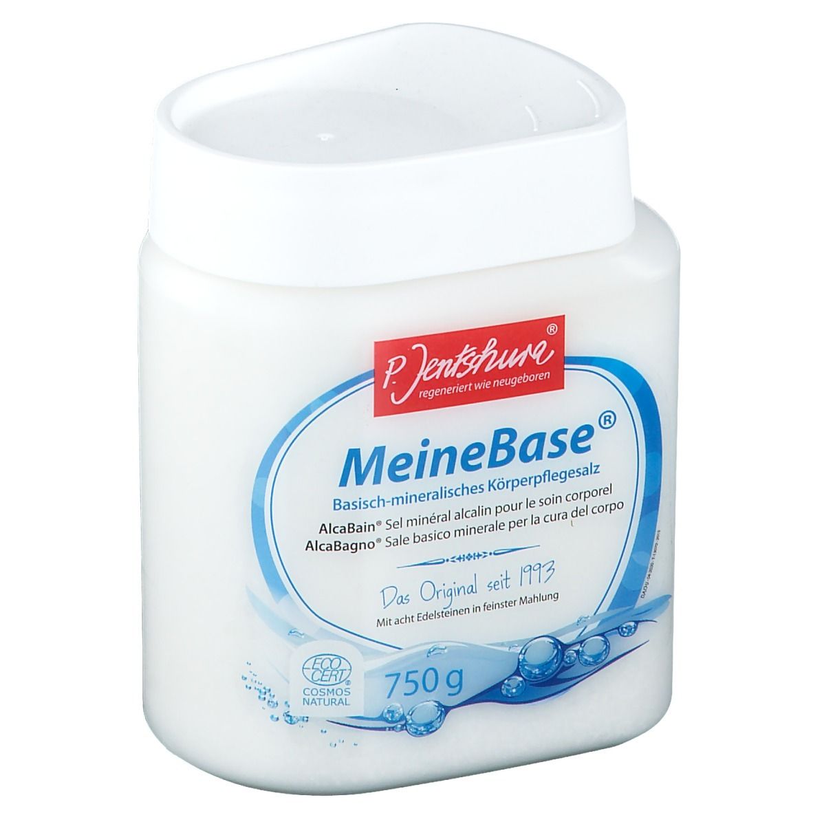 Récipient blanc avec couvercle. Inscription : MeineBase, 750g. Logo : P. Jentschura.