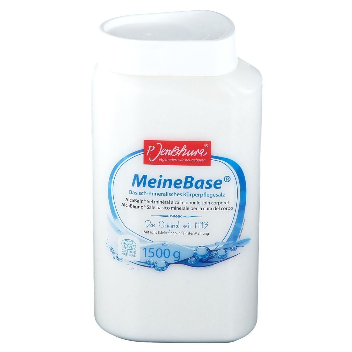Récipient blanc de sel de bain MeineBase. Inscription bleue et rouge. 1500g.