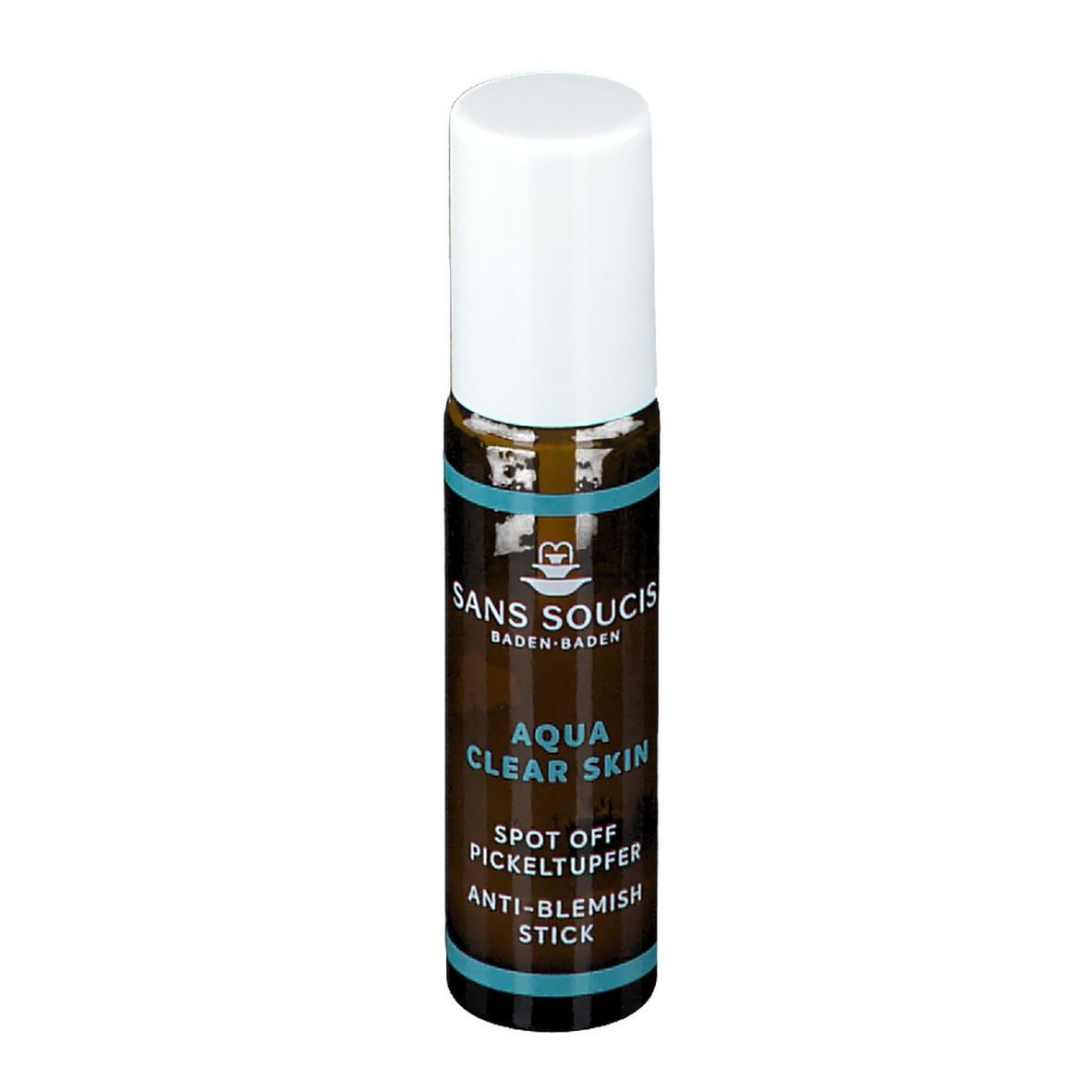 Flacon en verre brun avec bouchon blanc. Inscription: SANS SOUCIS, AQUA CLEAR SKIN, SPOT OFF PICKELTUPFER, ANTI-BLEMISH STICK.