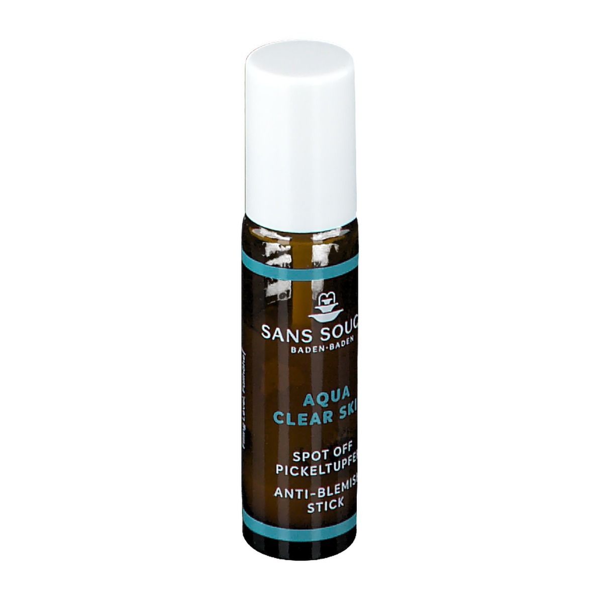 Flacon en verre brun avec bouchon blanc. Inscription: SANS SOUCIS, AQUA CLEAR SKIN, SPOT OFF PICKELTUPFER, ANTI-BLEMISH STICK.