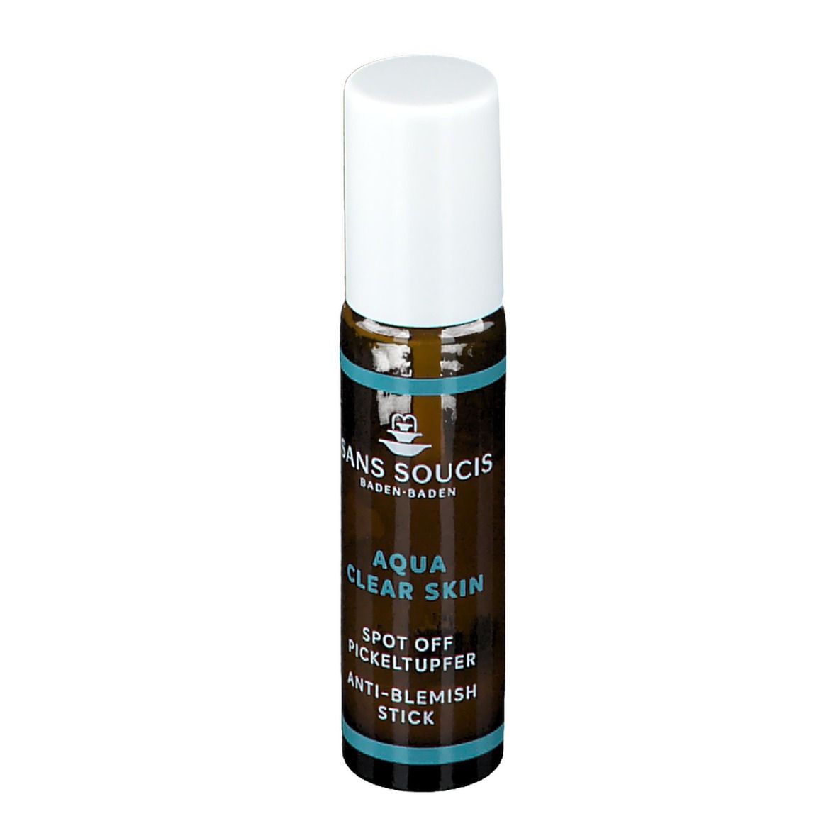 Flacon en verre brun avec bouchon blanc. Inscription: SANS SOUCIS, AQUA CLEAR SKIN, SPOT OFF PICKELTUPFER, ANTI-BLEMISH STICK.
