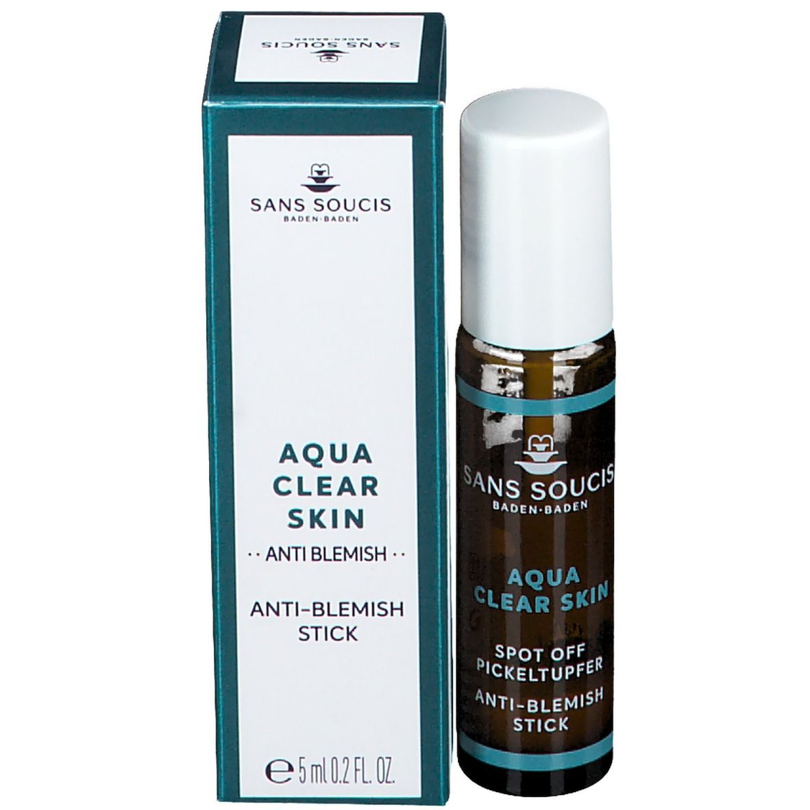 Produit et emballage. Flacon en verre brun avec bouchon blanc et carton. Inscription: SANS SOUCIS, AQUA CLEAR SKIN, ANTI-BLEMISH STICK.