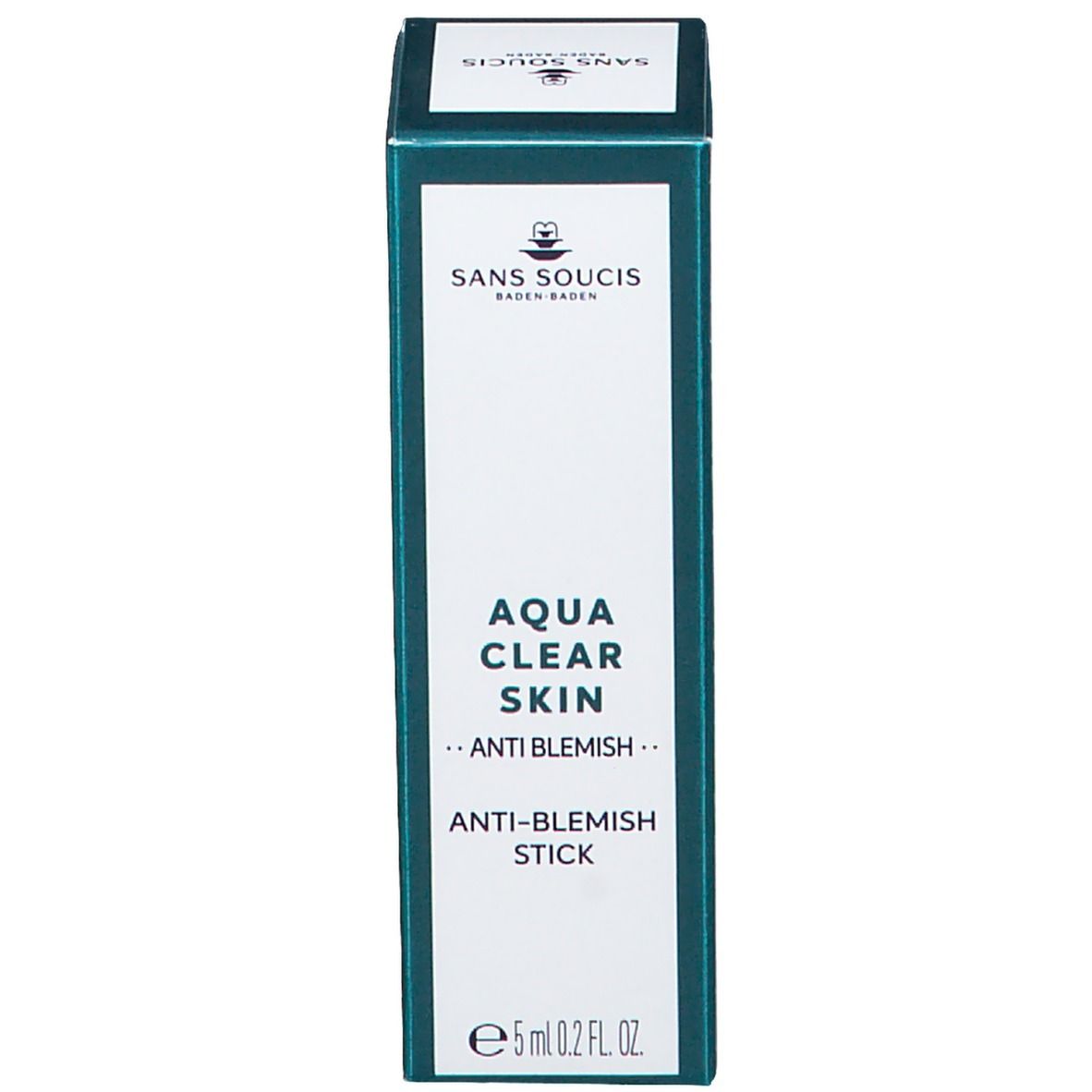 Emballage en carton. Inscription: SANS SOUCIS, AQUA CLEAR SKIN, ANTI-BLEMISH STICK. 5ml, 0.2 fl oz.