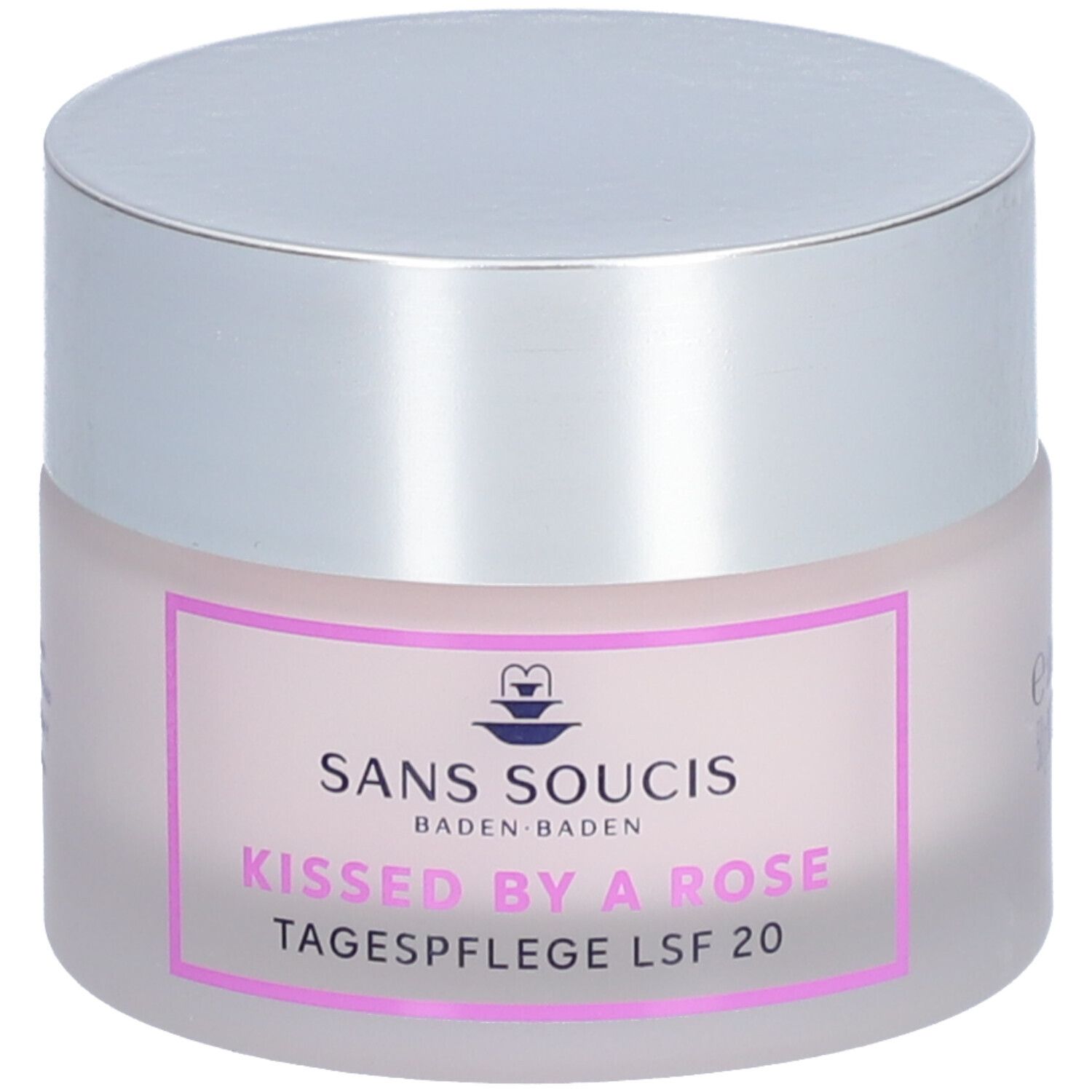 Pot de crème avec couvercle argenté. Inscription : SANS SOUCIS, Kissed by a Rose, Tagespflege LSF 20.