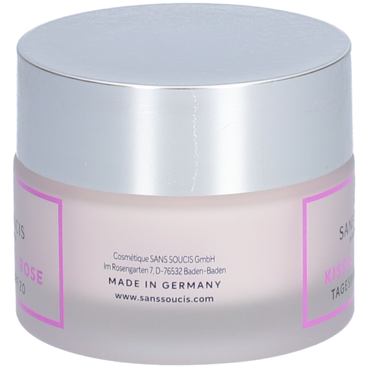 Pot de crème, dos. Inscription : SANS SOUCIS, Kissed by a Rose, Made in Germany, www.sanssoucis.com.