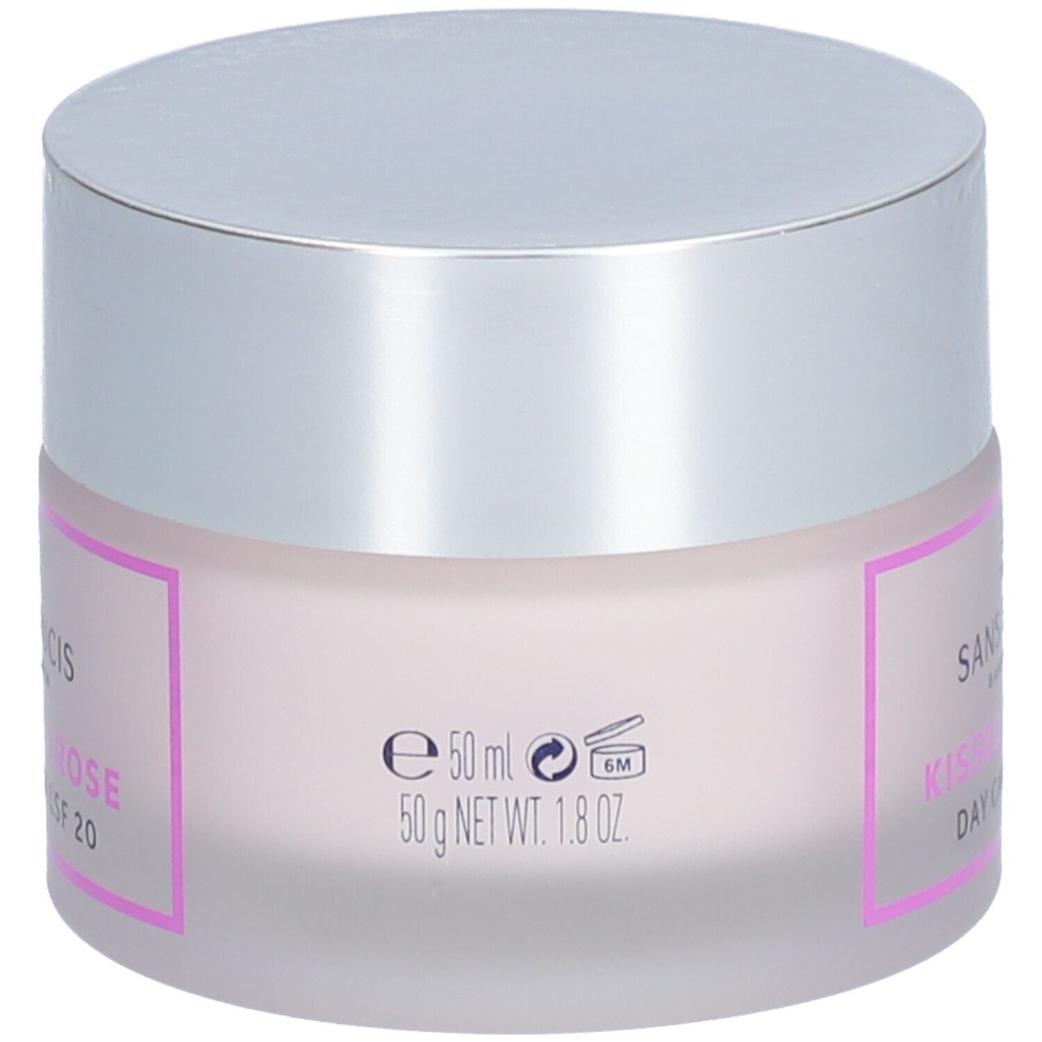 Pot de crème avec couvercle argenté. Inscription : SANS SOUCIS, Kissed by a Rose, Day Care SPF 20, 50 ml, 50 g NET WT. 1.8 OZ.