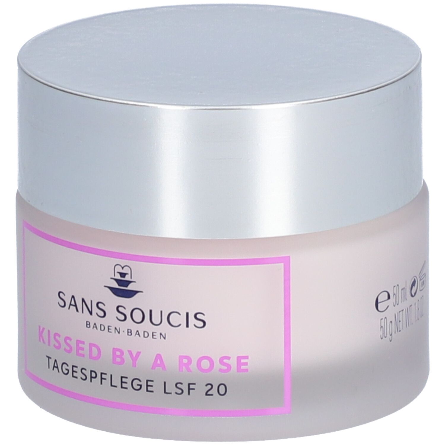 Pot de crème avec couvercle argenté. Inscription : SANS SOUCIS, Kissed by a Rose, Tagespflege LSF 20, 50 ml.