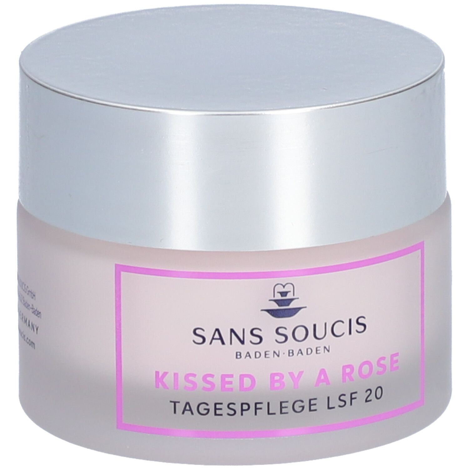 Pot de crème avec couvercle argenté. Inscription : SANS SOUCIS, Kissed by a Rose, Tagespflege LSF 20.