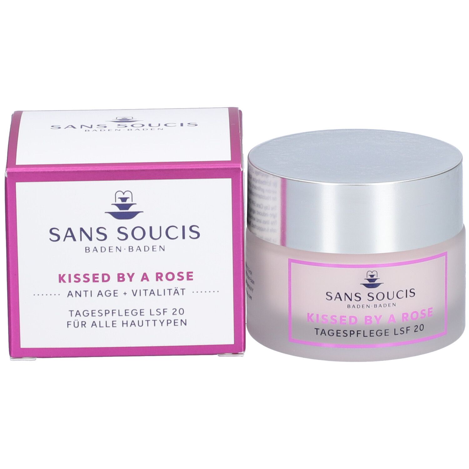 Pot de crème et emballage. Inscription : SANS SOUCIS, Kissed by a Rose, Tagespflege LSF 20, Anti Age + Vitalität.