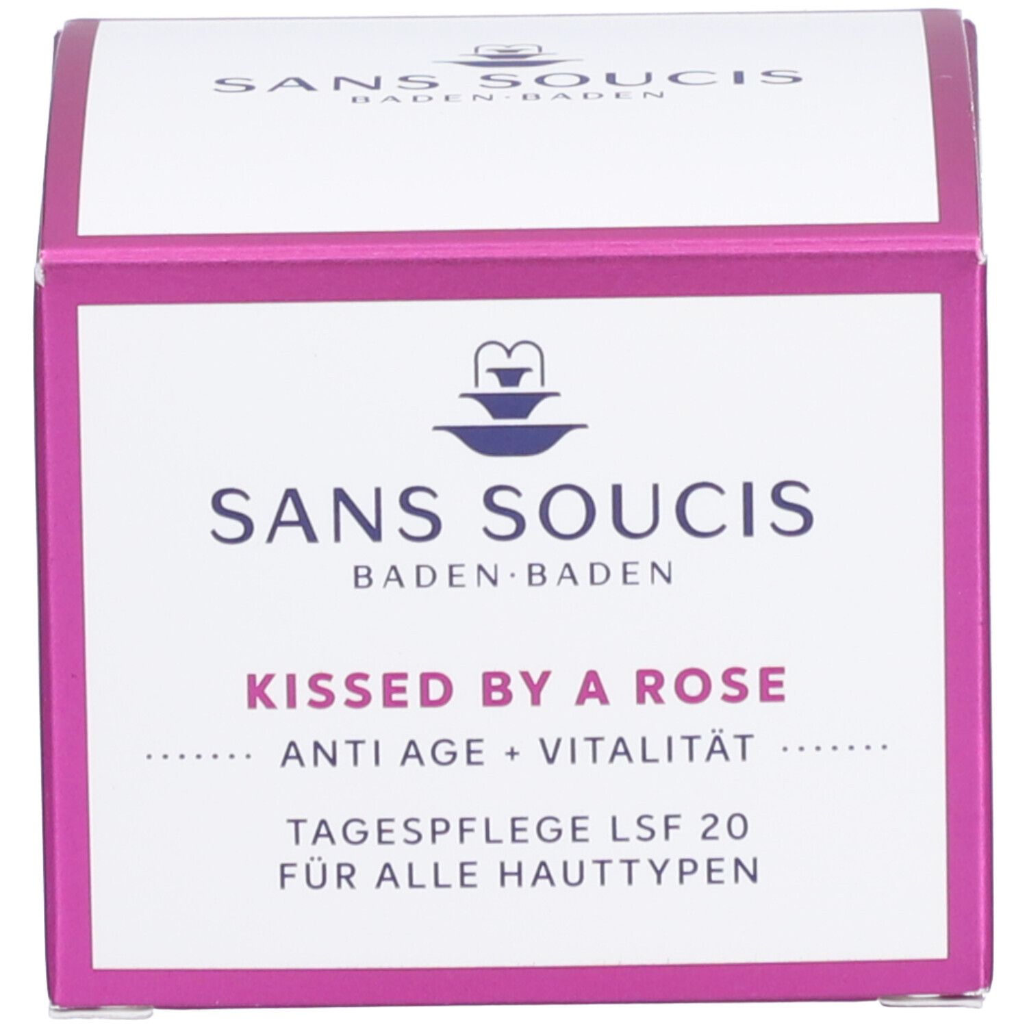 Emballage. Inscription : SANS SOUCIS, Kissed by a Rose, Tagespflege LSF 20, Anti Age + Vitalität, pour tous types de peau.