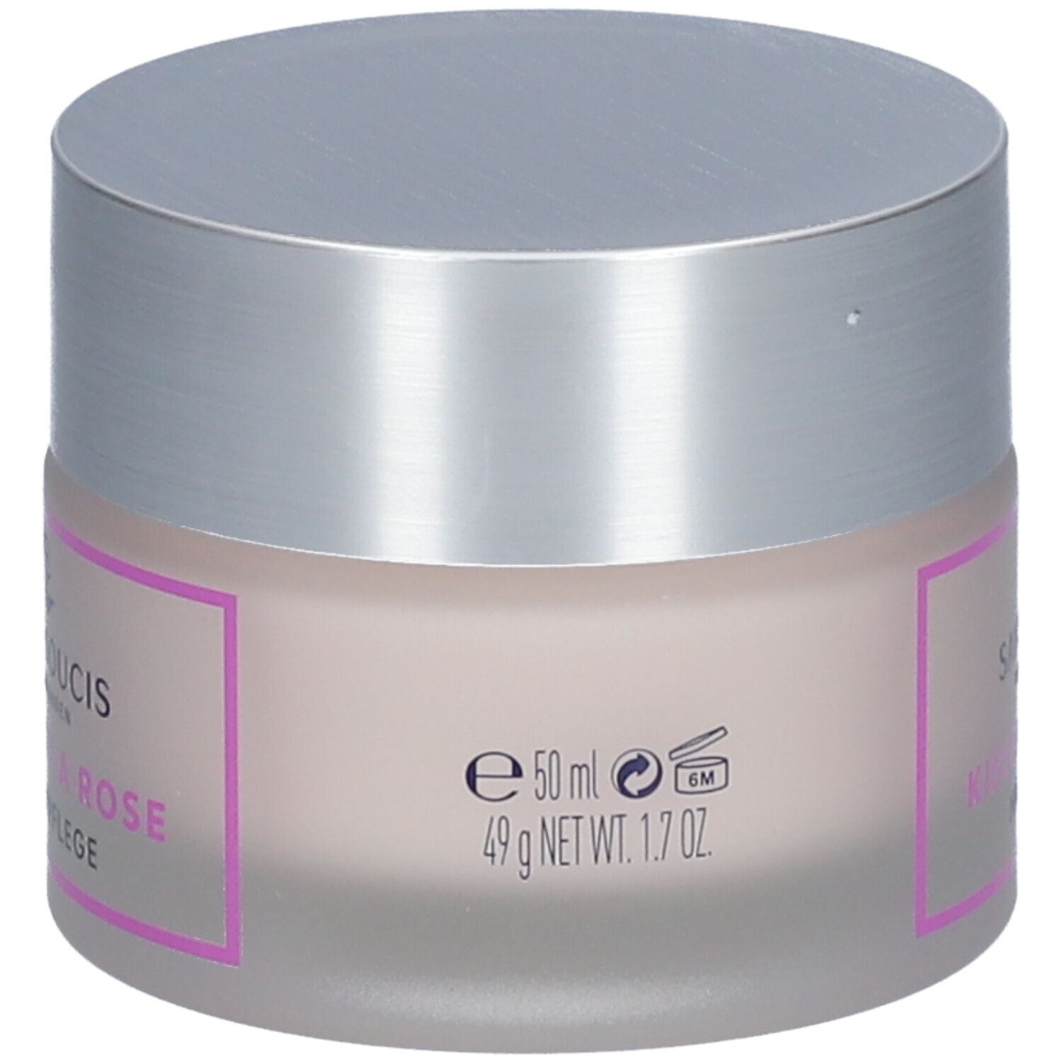 Pot de crème avec couvercle argenté. Inscription : SANS SOUCIS, KISSED BY A ROSE, Night Care. Étiquette rose avec cadre violet.