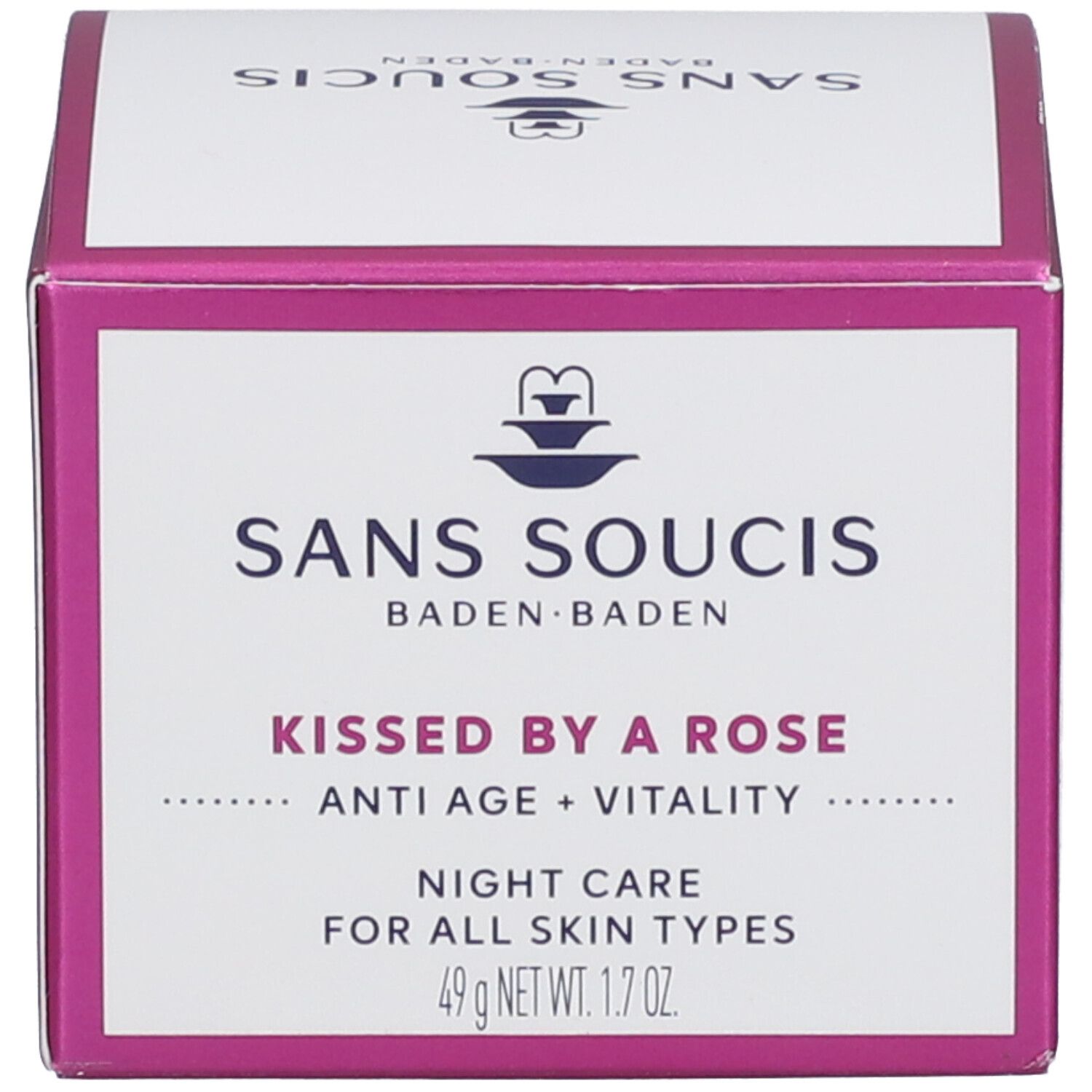 Boîte avec inscription : SANS SOUCIS, KISSED BY A ROSE, Night Care. Étiquette rose avec cadre violet. Pour tous types de peau.