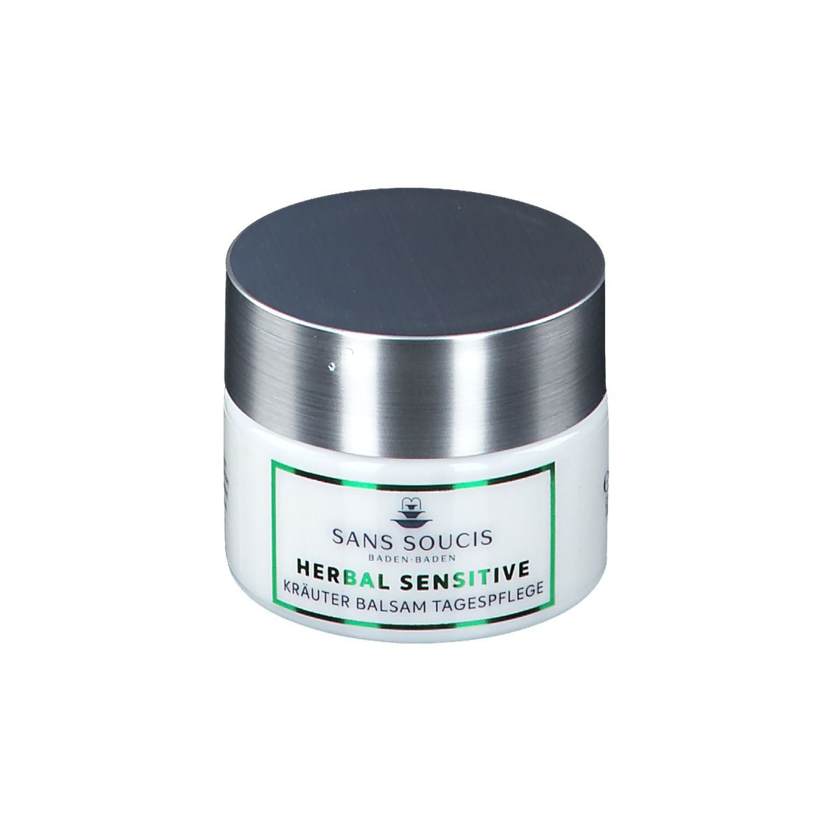 Pot blanc avec couvercle argenté. Autocollant avec bordure verte et inscription: HERBAL SENSITIVE KRÄUTER BALSAM TAGESPFLEGE.