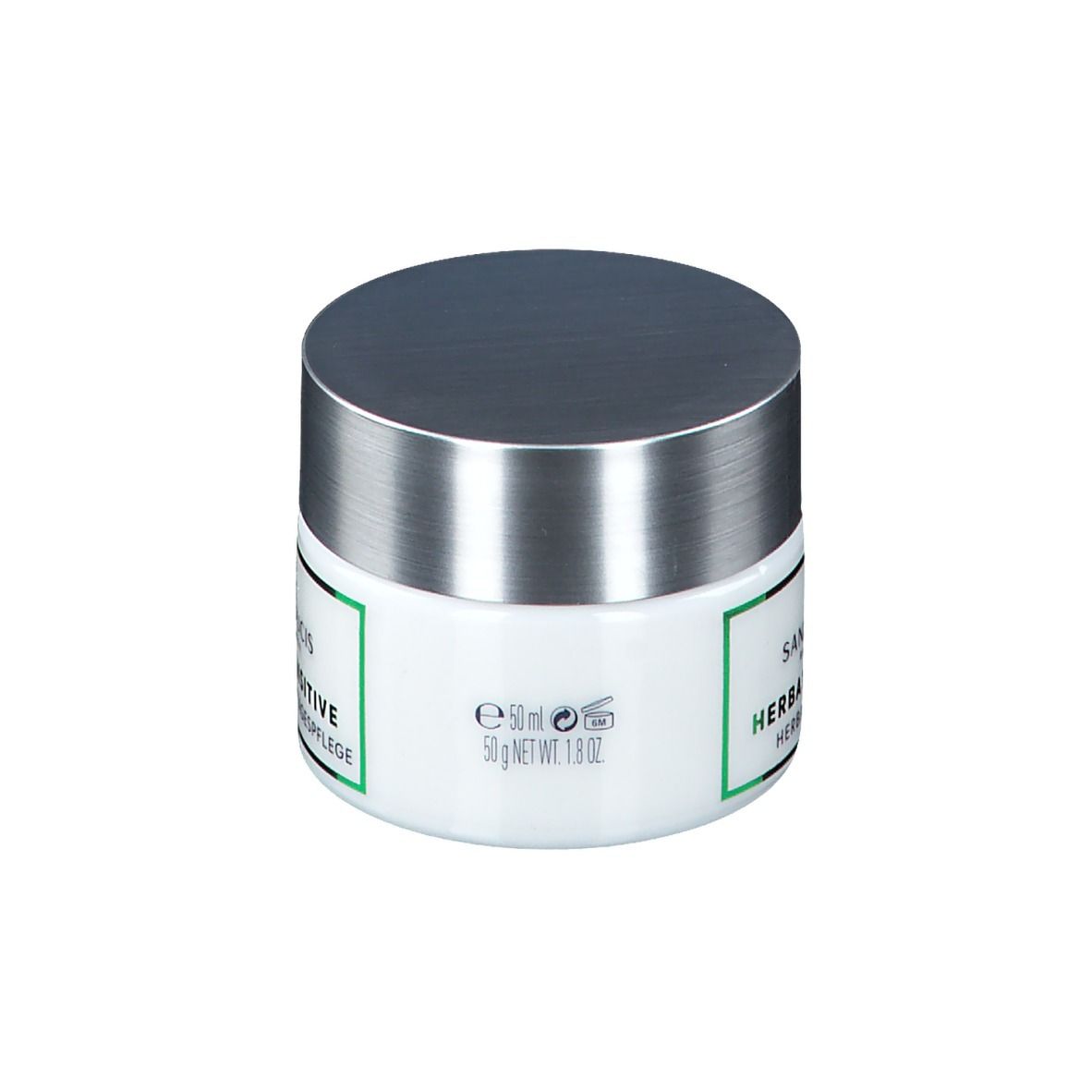 Pot blanc avec couvercle argenté. Autocollant avec bordure verte et inscription. Au dos: e 50 ml 50 g NET WT. 1.8 oz.