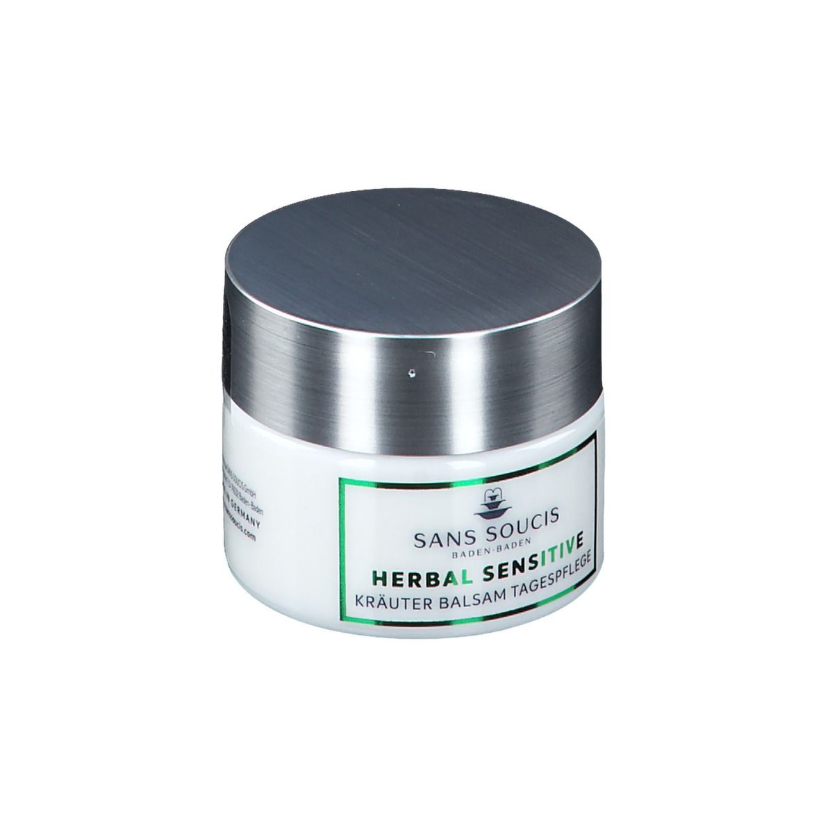 Pot blanc avec couvercle argenté. Autocollant avec bordure verte et inscription: HERBAL SENSITIVE KRÄUTER BALSAM TAGESPFLEGE.
