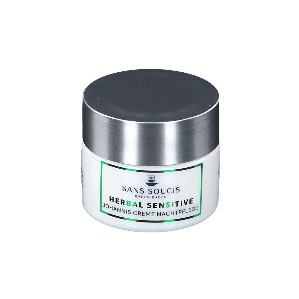 Pot blanc avec couvercle argenté. Étiquette verte avec texte: HERBAL SENSITIVE Johannis Creme Nachtpflege.