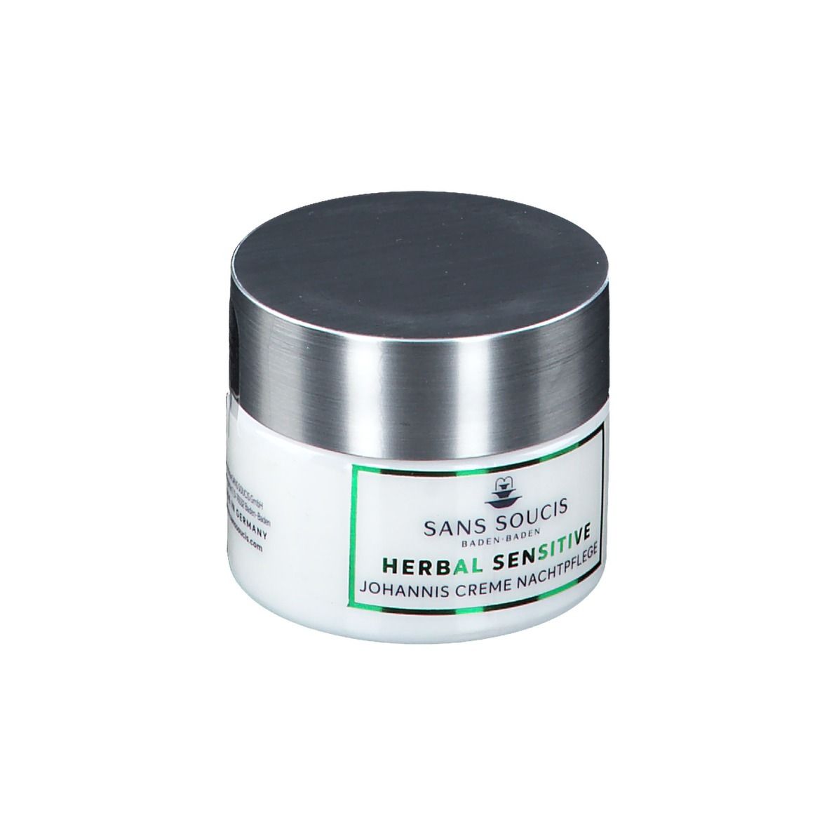 Pot blanc avec couvercle argenté. Étiquette verte avec texte: HERBAL SENSITIVE Johannis Creme Nachtpflege.