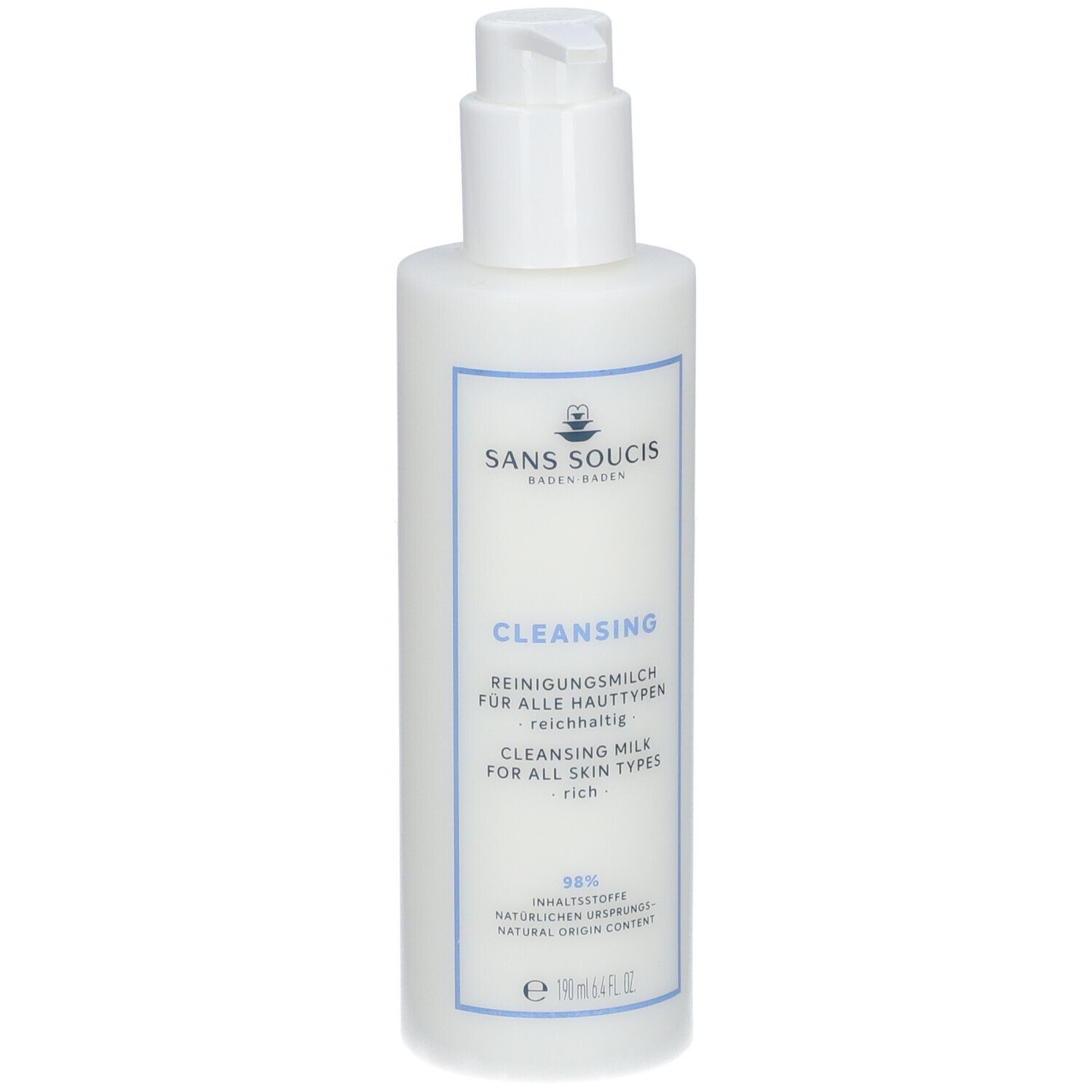 Flacon blanc avec pompe. Inscription: SANS SOUCIS, CLEANSING, Lait nettoyant pour tous types de peaux. 190 ml.