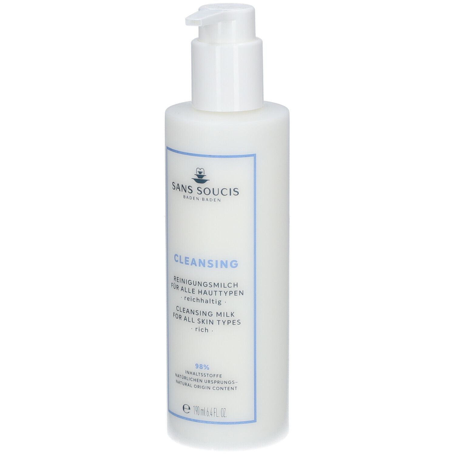 Flacon blanc avec pompe. Inscription: SANS SOUCIS, CLEANSING, Lait nettoyant pour tous types de peaux. 190 ml.