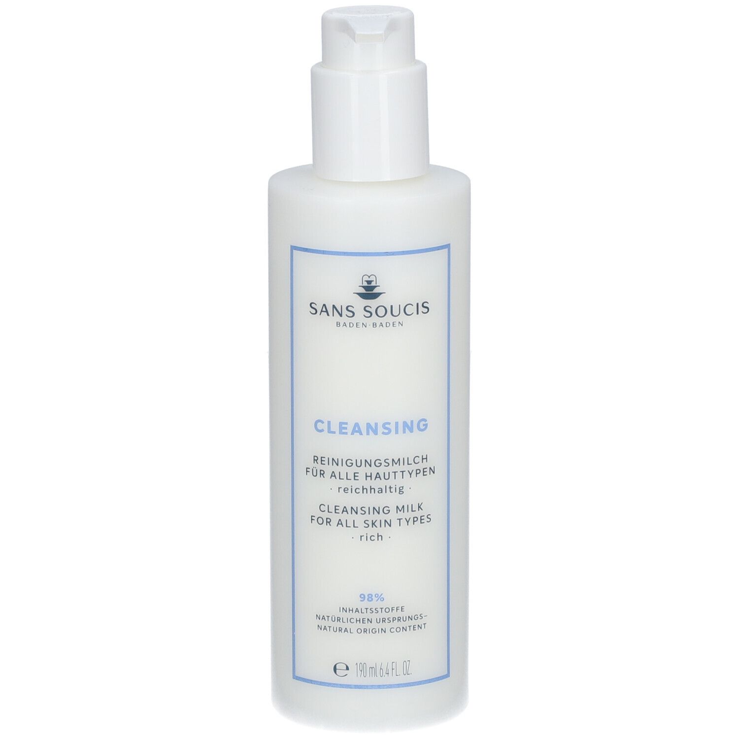 Flacon blanc avec pompe. Inscription: SANS SOUCIS, CLEANSING, Lait nettoyant pour tous types de peaux. 190 ml.