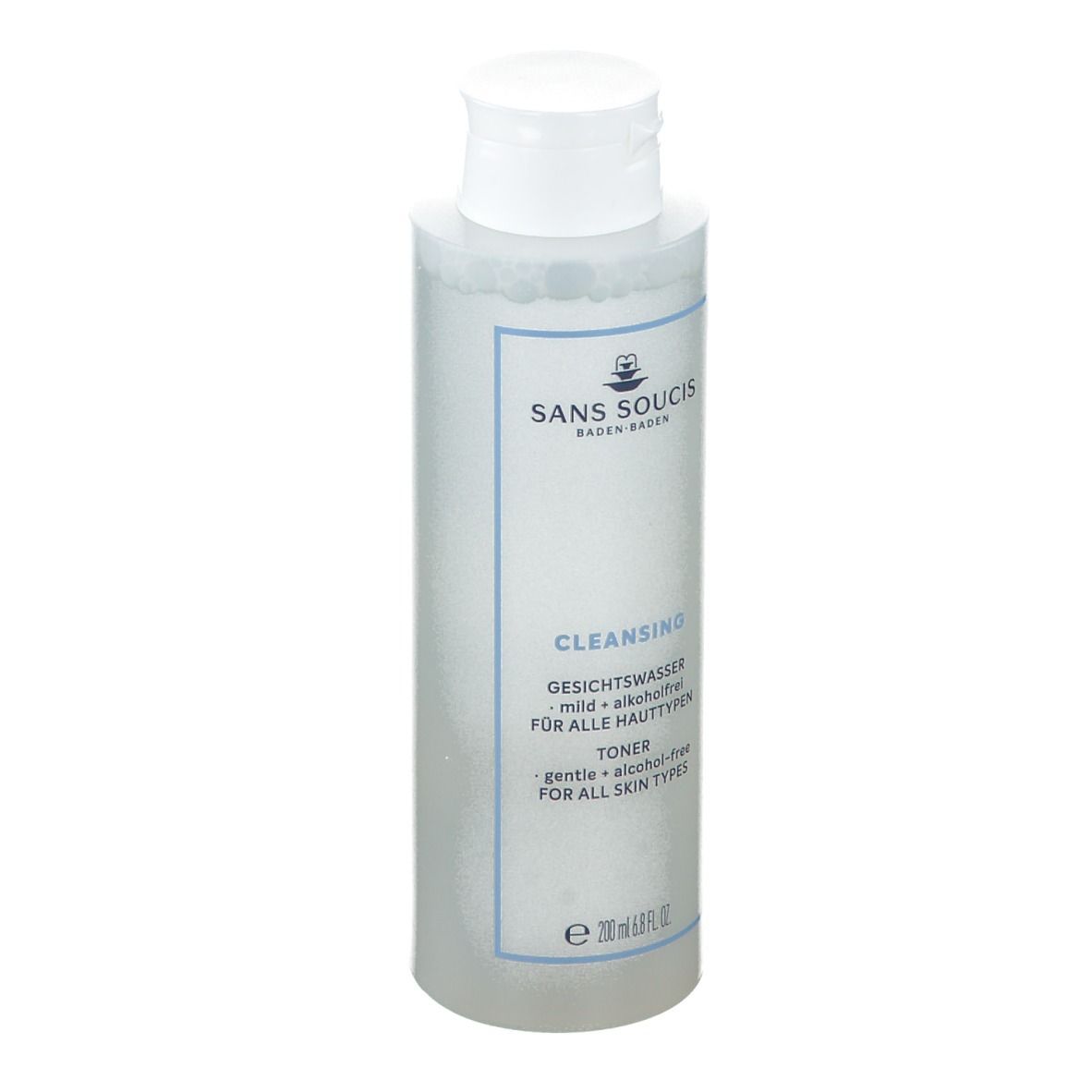 Flacon transparent avec bouchon blanc. Inscriptions: SANS SOUCIS, CLEANSING, Gesichtswasser, sans alcool, pour tous types de peau. Toner.