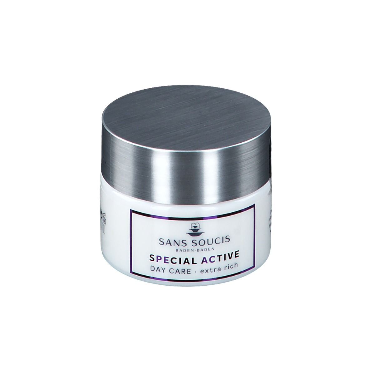 Pot blanc avec couvercle argenté. Inscription : SANS SOUCIS, SPECIAL ACTIVE, DAY CARE - extra rich.