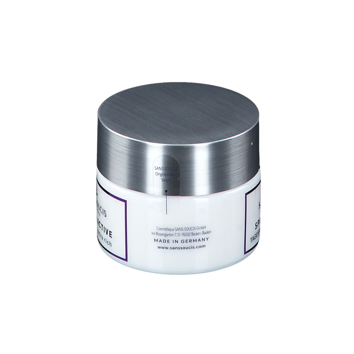 Pot blanc avec couvercle argenté. Inscription : SANS SOUCIS, SPECIAL ACTIVE, DAY CARE - extra rich. Made in Germany.
