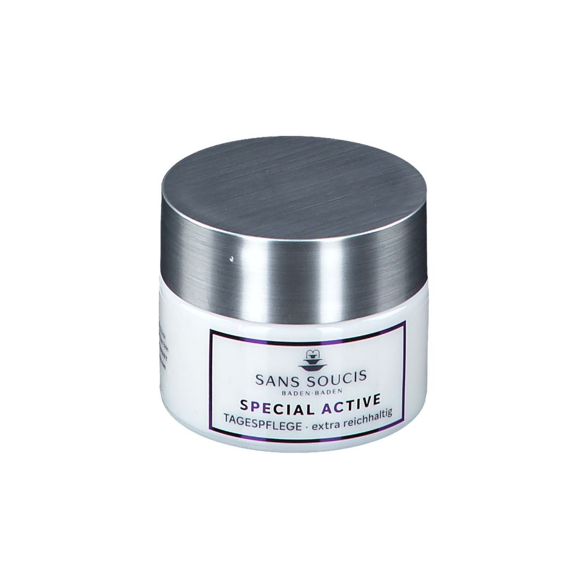Pot blanc avec couvercle argenté. Inscription : SANS SOUCIS, SPECIAL ACTIVE, TAGESPFLEGE - extra reichhaltig.