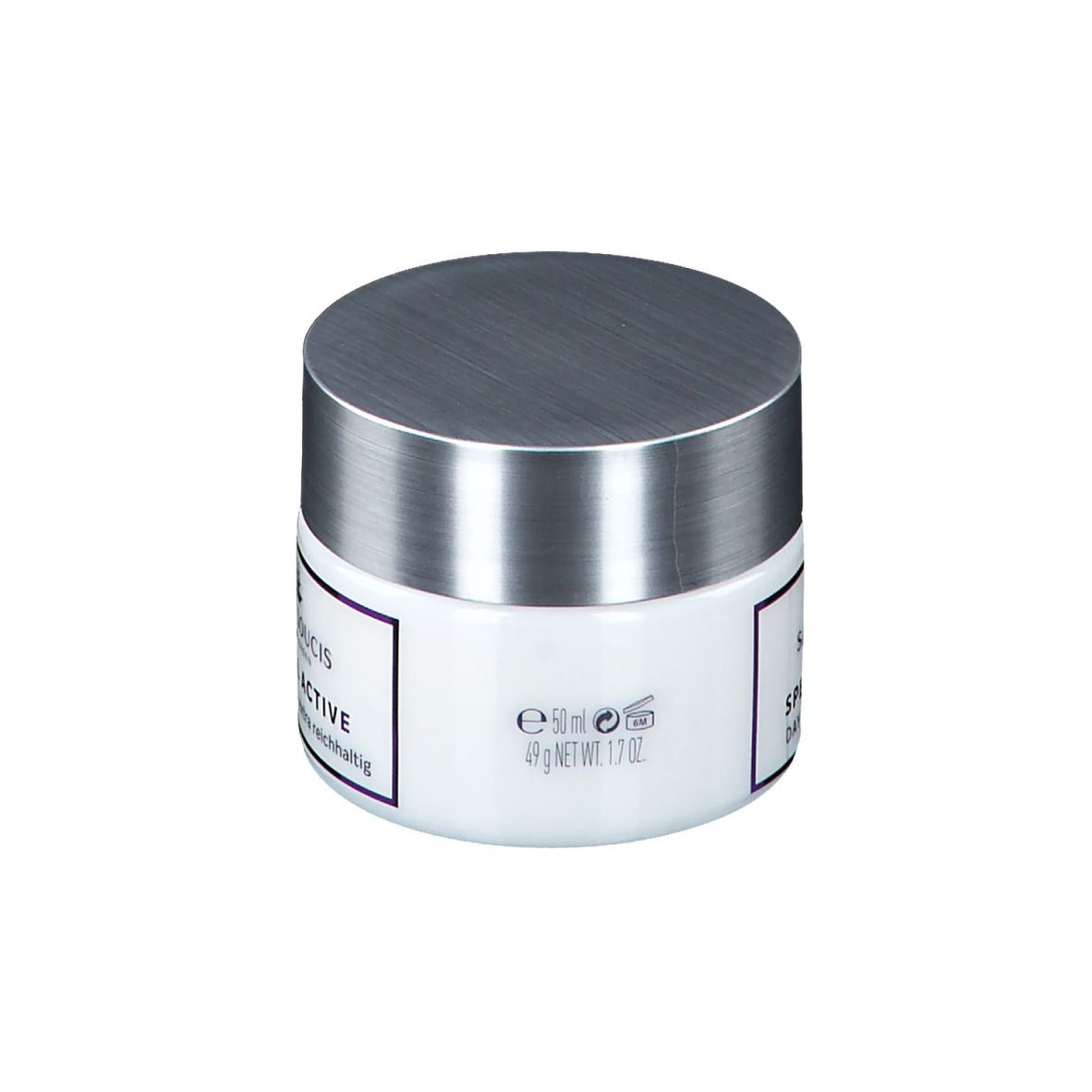Pot blanc avec couvercle argenté. Inscription : SANS SOUCIS, SPECIAL ACTIVE, TAGESPFLEGE - extra reichhaltig. 50ml.