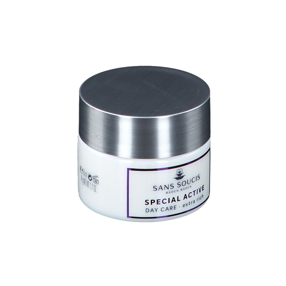 Pot blanc avec couvercle argenté. Inscription : SANS SOUCIS, SPECIAL ACTIVE, DAY CARE - extra rich.