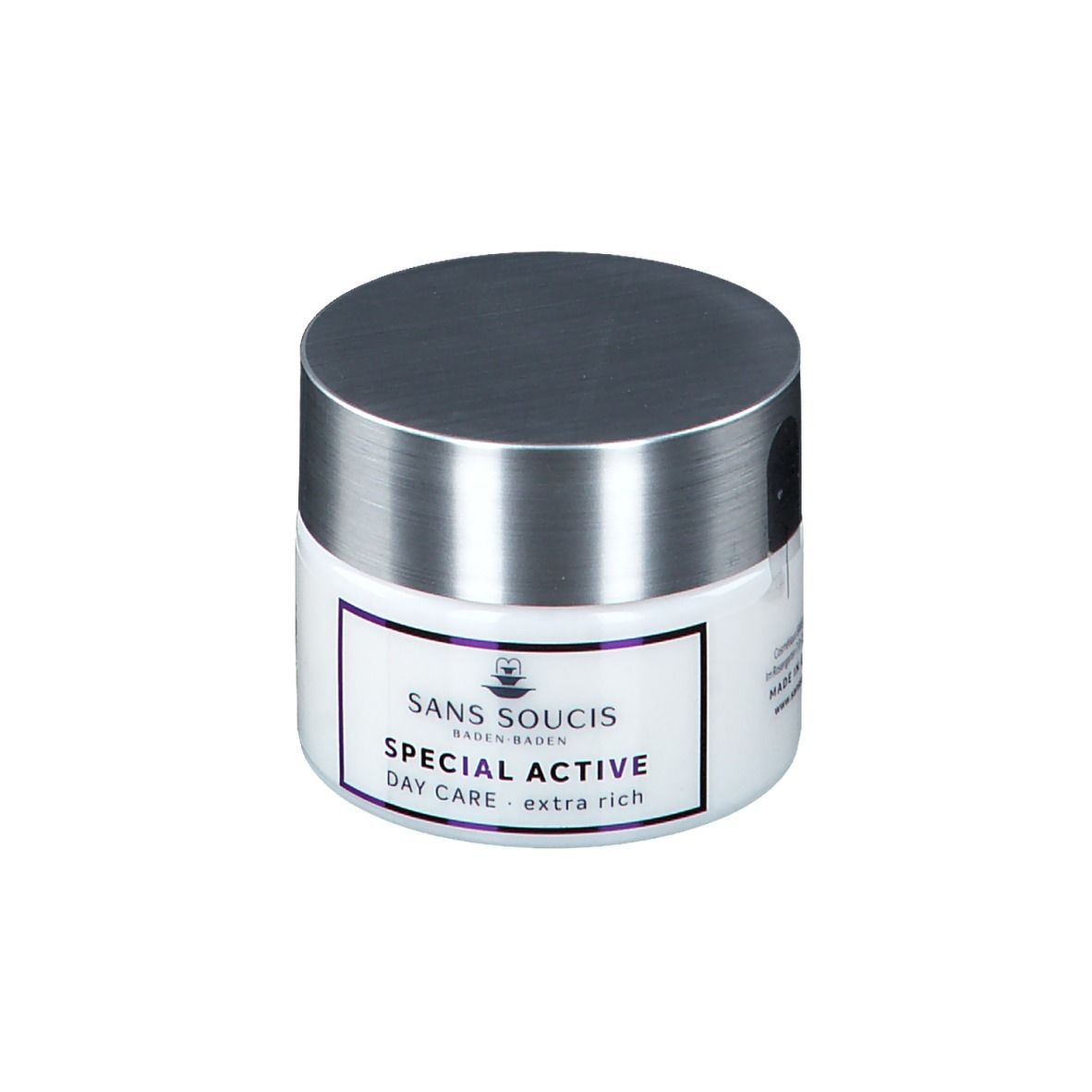 Pot blanc avec couvercle argenté. Inscription : SANS SOUCIS, SPECIAL ACTIVE, DAY CARE - extra rich.