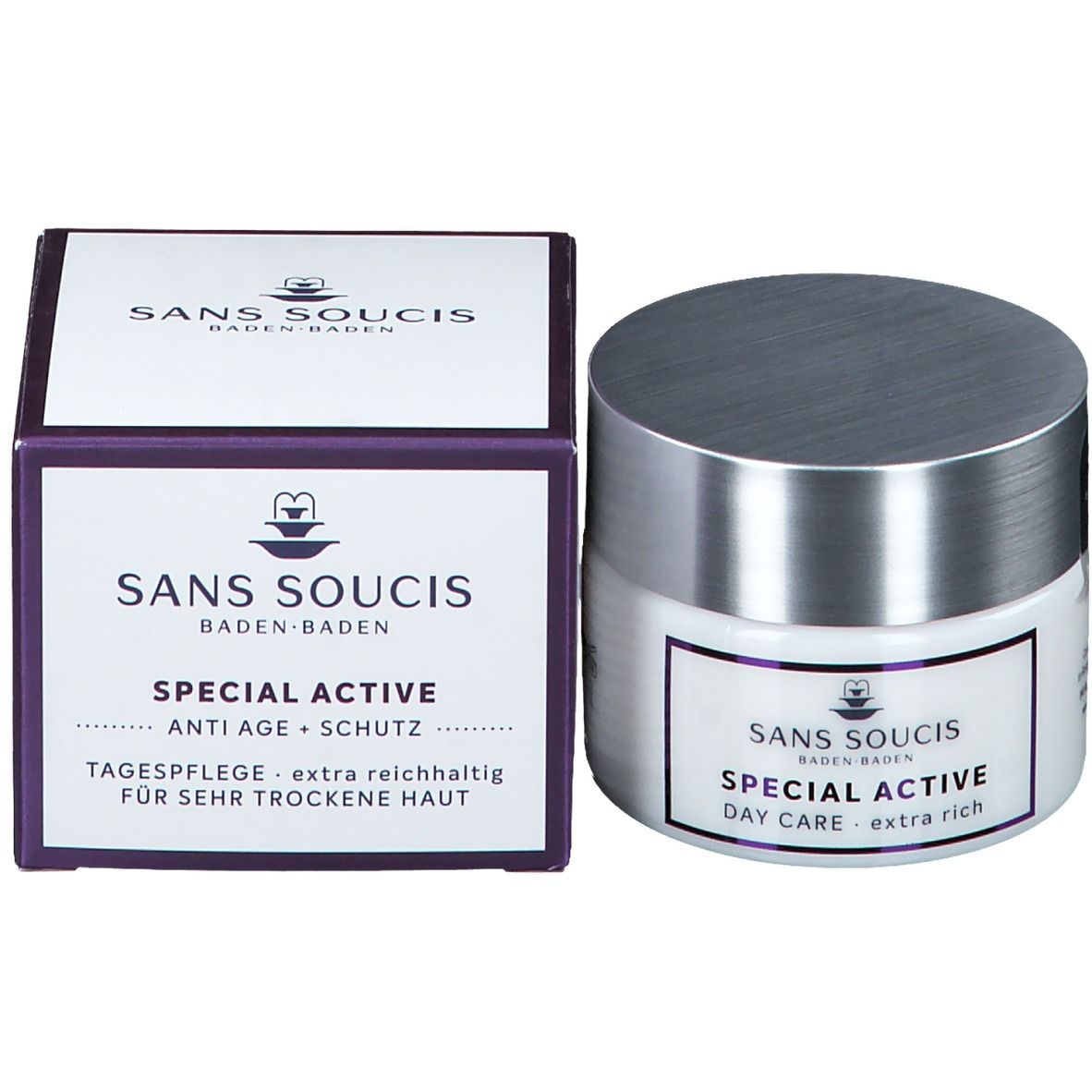 Emballage du produit avec pot et carton. Inscription : SANS SOUCIS, SPECIAL ACTIVE, ANTI AGE + SCHUTZ, TAGESPFLEGE.