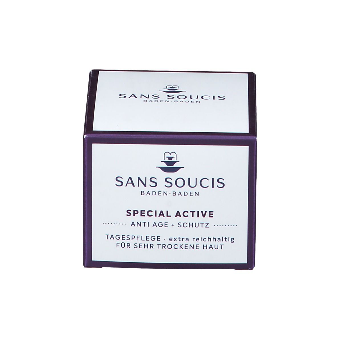 Emballage en carton. Inscription : SANS SOUCIS, SPECIAL ACTIVE, ANTI AGE + SCHUTZ, TAGESPFLEGE - extra reichhaltig.