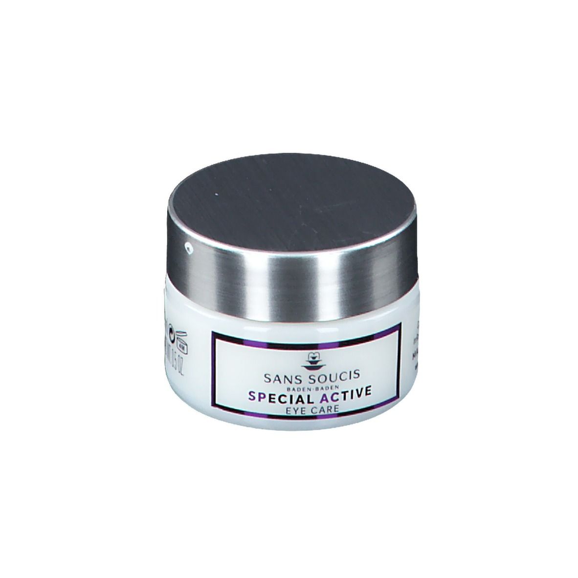 Pot blanc avec couvercle argenté. Inscription: SANS SOUCIS, SPECIAL ACTIVE EYE CARE.