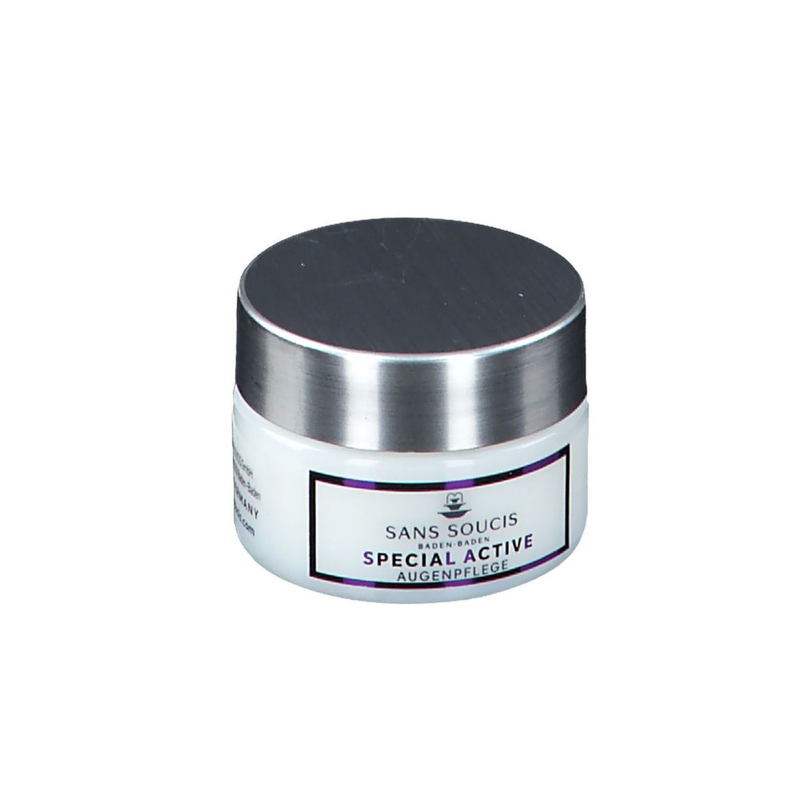 Pot blanc avec couvercle argenté. Inscription: SANS SOUCIS, SPECIAL ACTIVE AUGENPFLEGE.