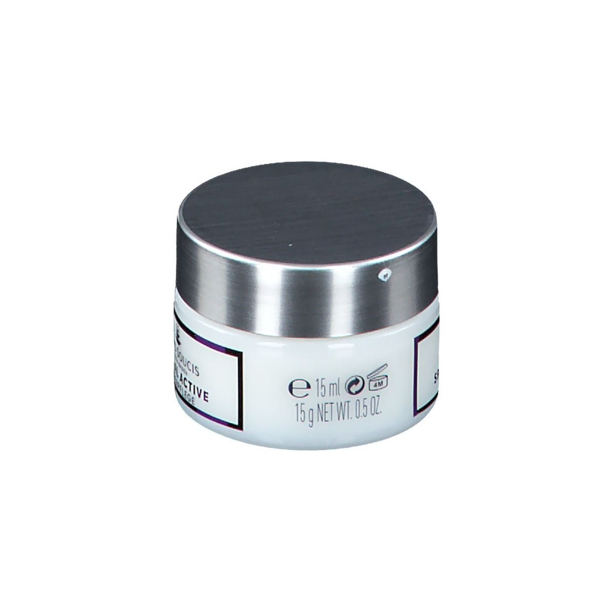 Pot blanc avec couvercle argenté. Inscription: SANS SOUCIS, 15 ml, 0.5 oz.