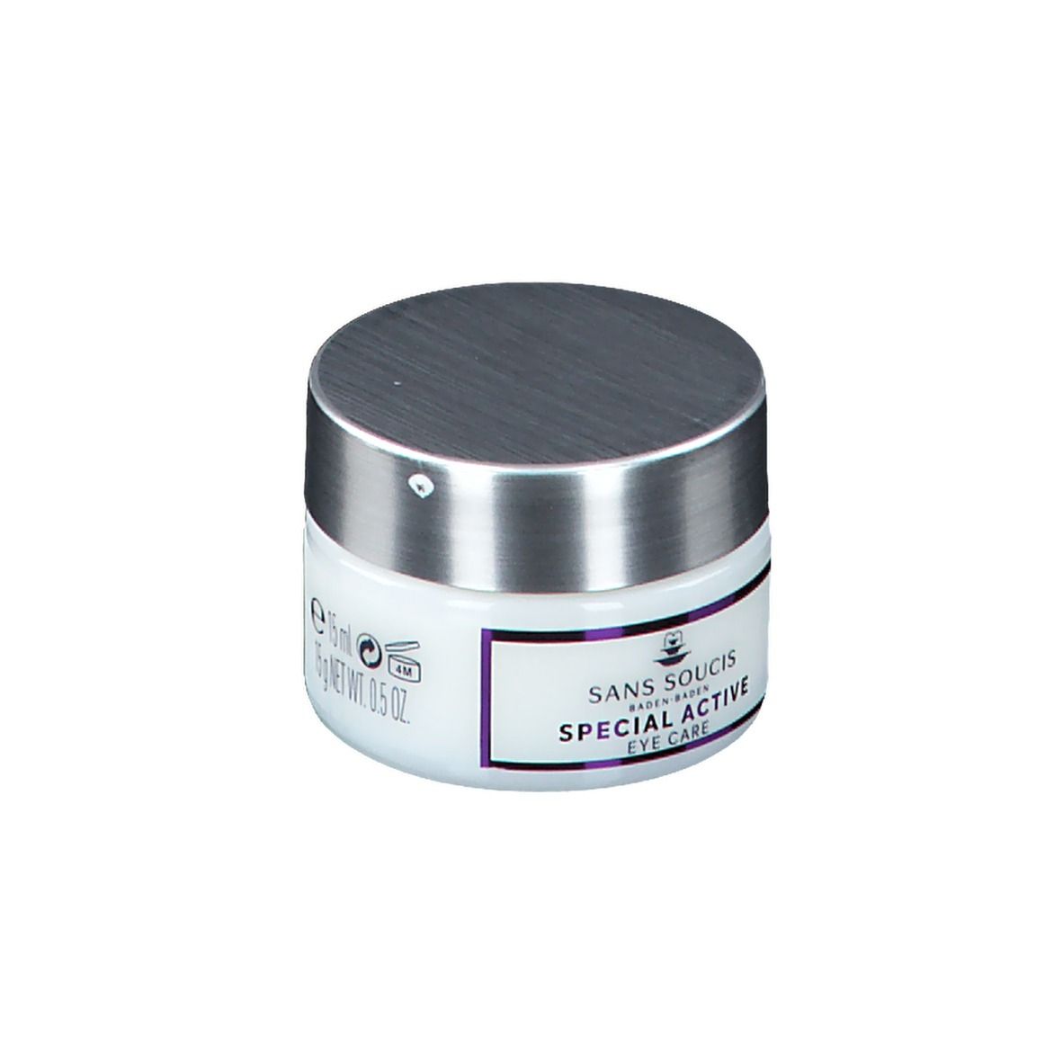 Pot blanc avec couvercle argenté. Inscription: SANS SOUCIS, SPECIAL ACTIVE EYE CARE, 15 ml.