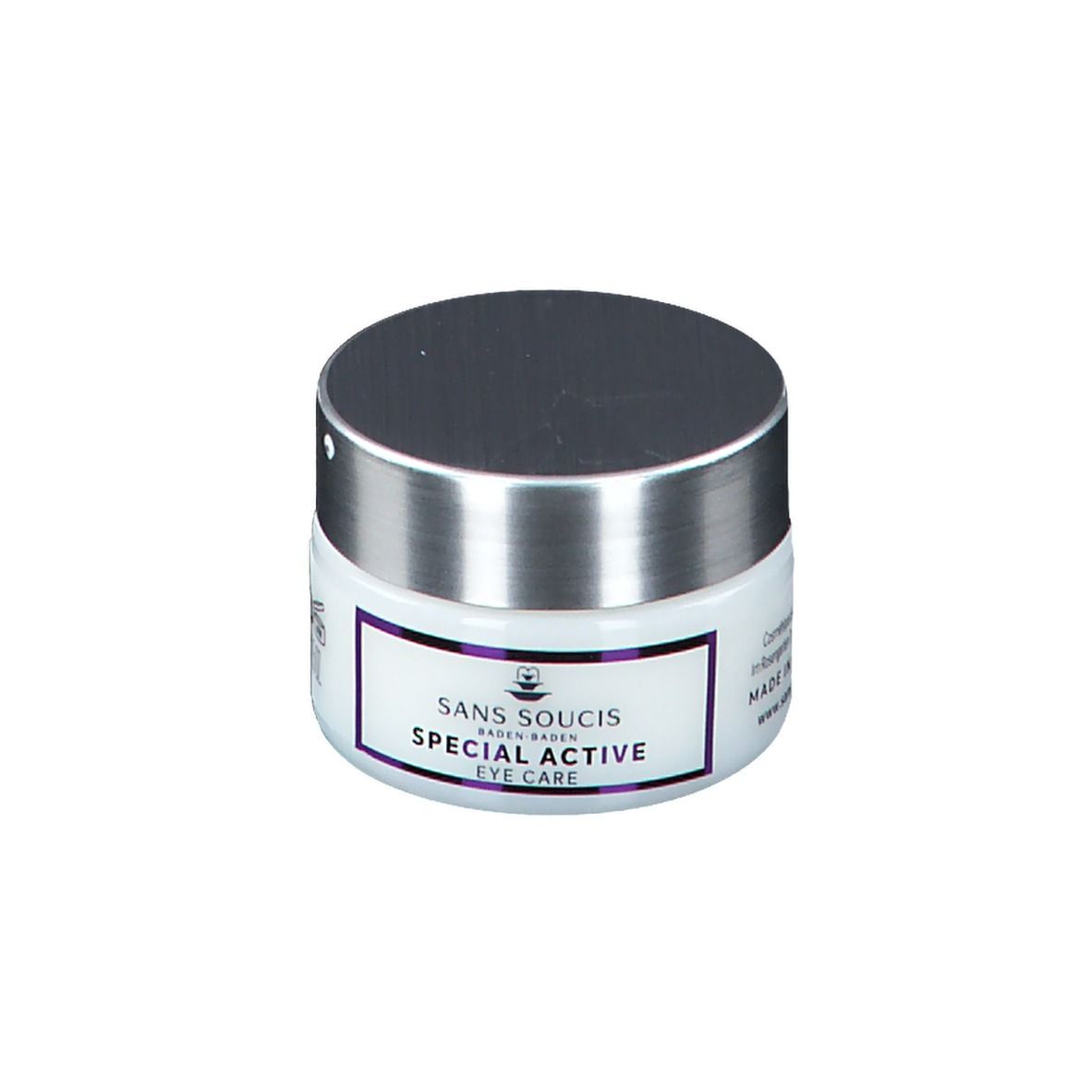 Pot blanc avec couvercle argenté. Inscription: SANS SOUCIS, SPECIAL ACTIVE EYE CARE.