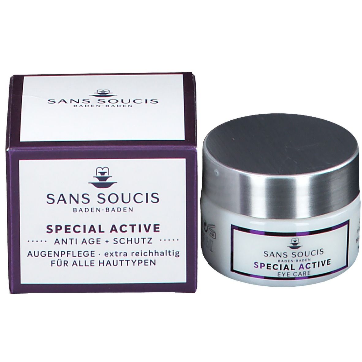 Pot blanc et boîte violette. Inscription: SANS SOUCIS, ANTI AGE + SCHUTZ, AUGENPFLEGE.